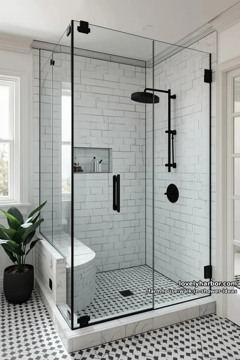 modern walk-in shower with glass walls, white tiles, black fixtures, bench, and plant. 1