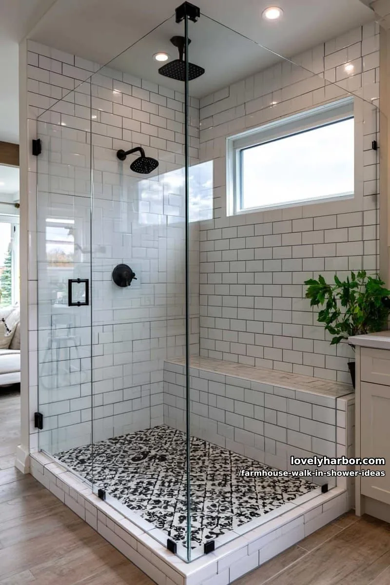 modern walk-in shower with glass walls, white tiles, black fixtures, bench, and plant. 1