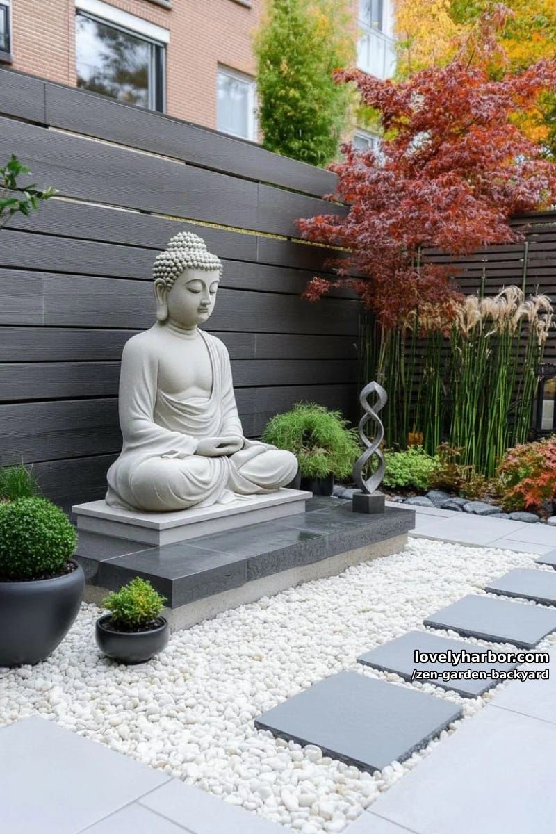 modern zen garden corner with buddha statue, sculpture, and gray fence. 1