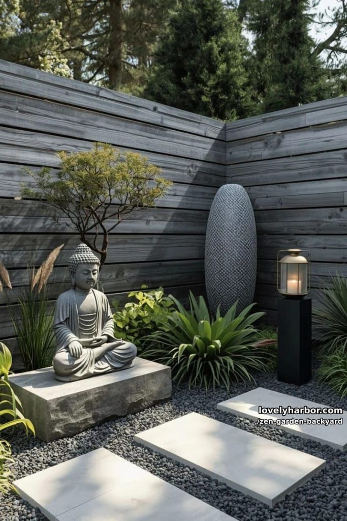 modern zen garden corner with buddha statue, sculpture, and gray fence. 30