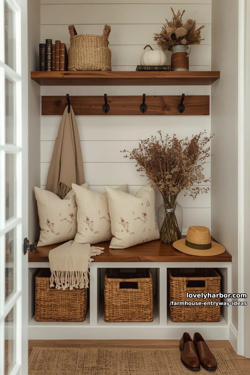 mudroom nook with shiplap, bench, wicker baskets, and floating shelf. 1