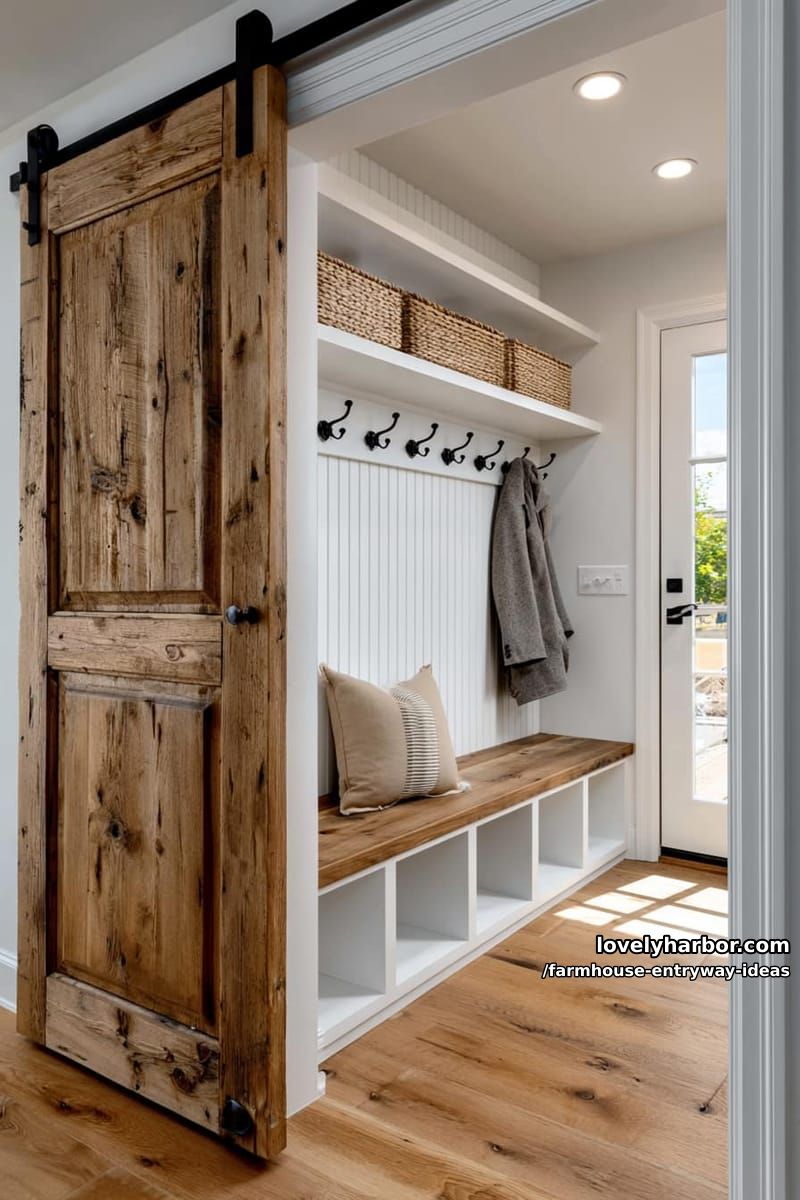mudroom with barn door, built-in bench, cubbies, and shiplap walls. 1