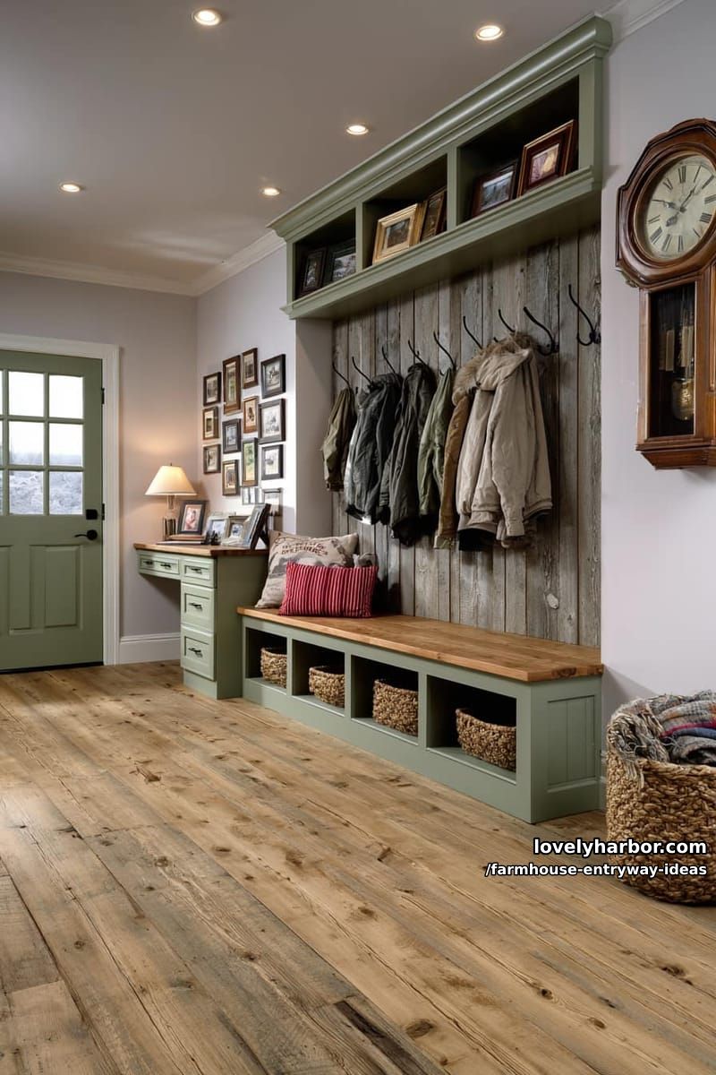 mudroom with green bench, cubbies, desk nook, and framed art gallery. 1