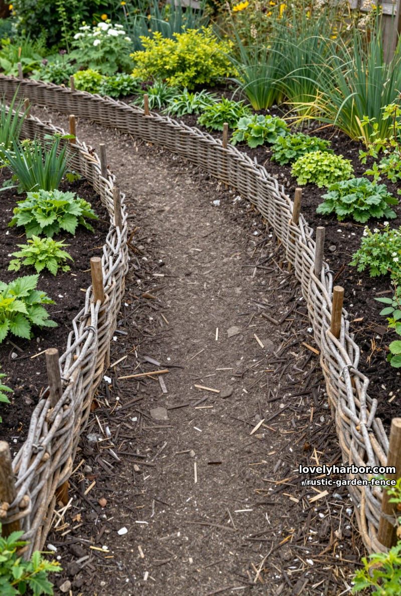 mulch garden path bordered by low woven willow fences and flower beds. 1