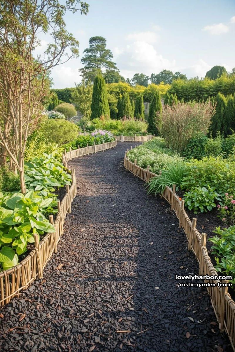 mulch garden path bordered by low woven willow fences and flower beds. 1