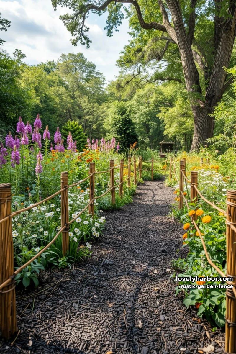 mulch garden path bordered by low woven willow fences and flower beds. 1