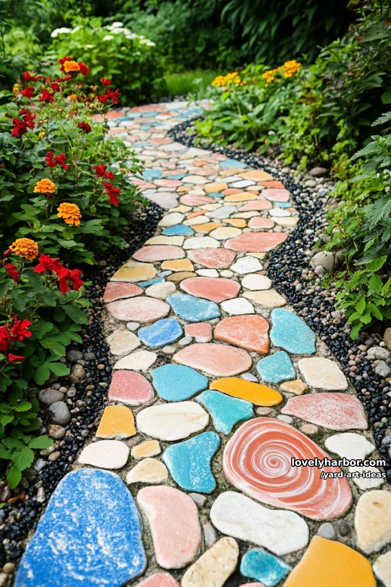 multicolored stone garden pathway winding through shrubs and flowers. 1