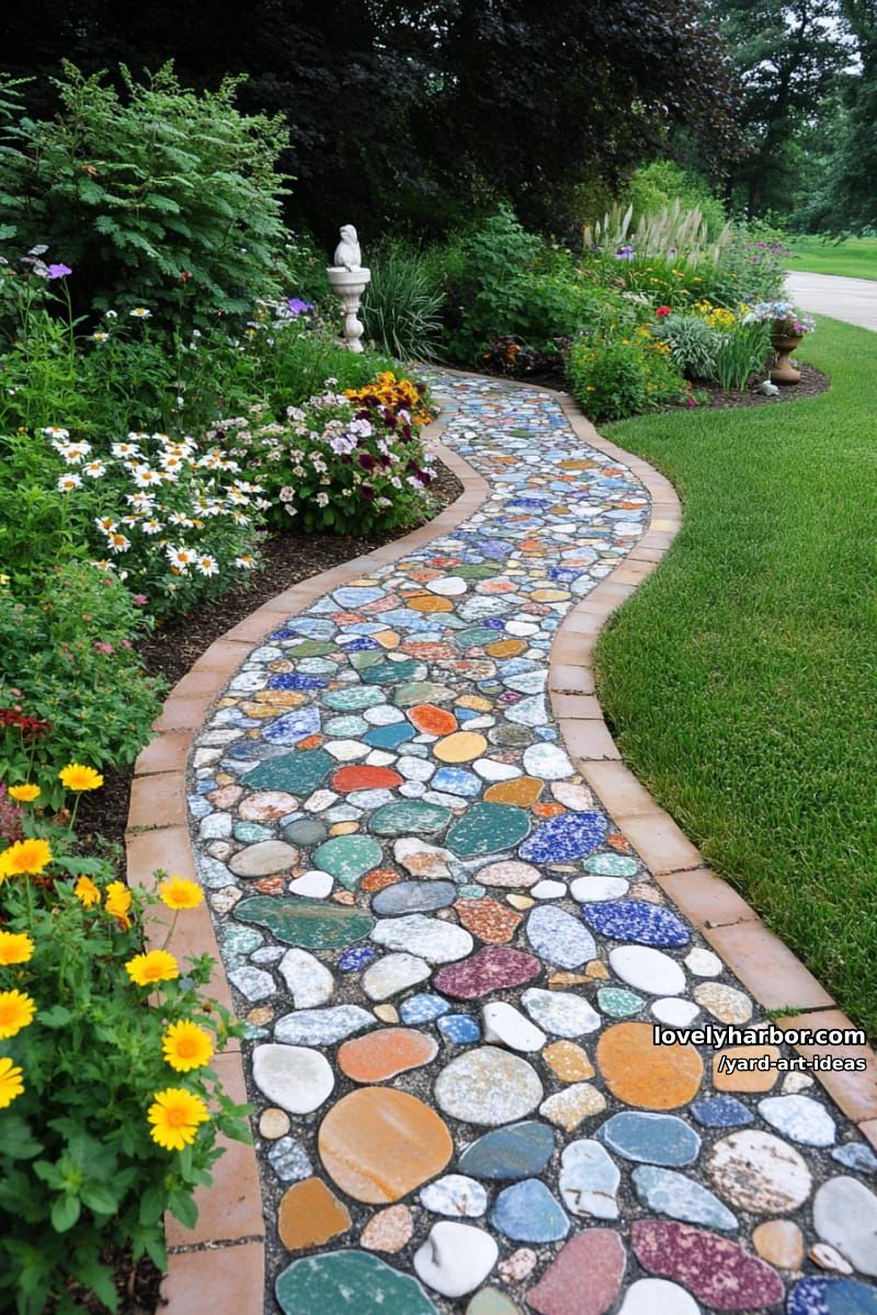 multicolored stone garden pathway winding through shrubs and flowers. 1