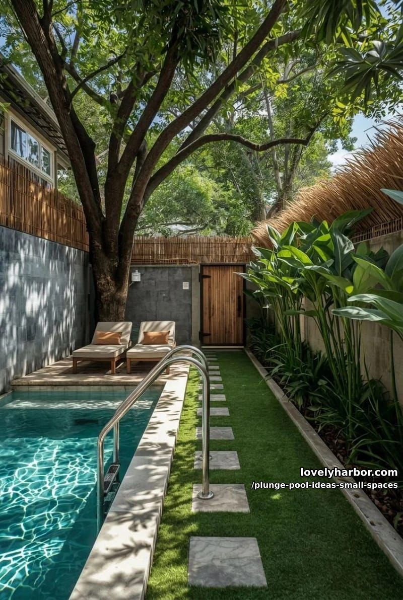 narrow pool with stone walls, wooden deck, and lush tropical greenery. 1