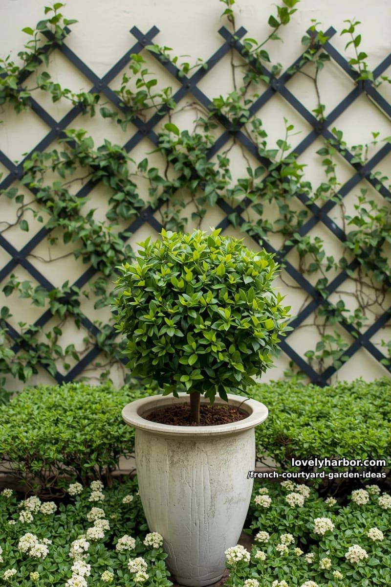 neatly pruned shrub in ceramic planter, trellis with climbing vines, and hedges. 1