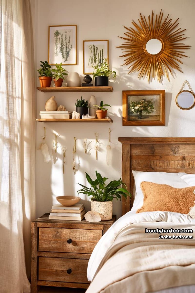 neutral bedroom corner with wood accents, gold-framed art, and eclectic decor. 1