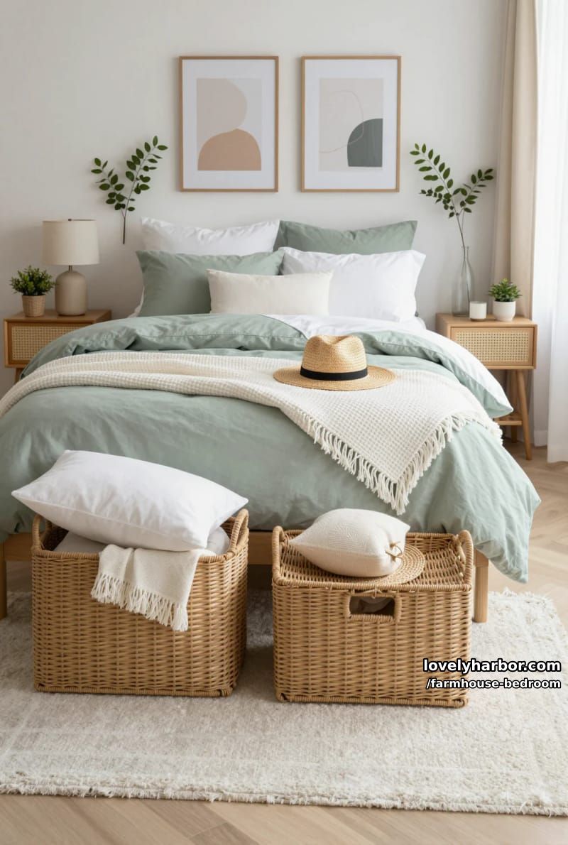 neutral bedroom with sage duvet, woven baskets, straw hat, and minimalist art. 1