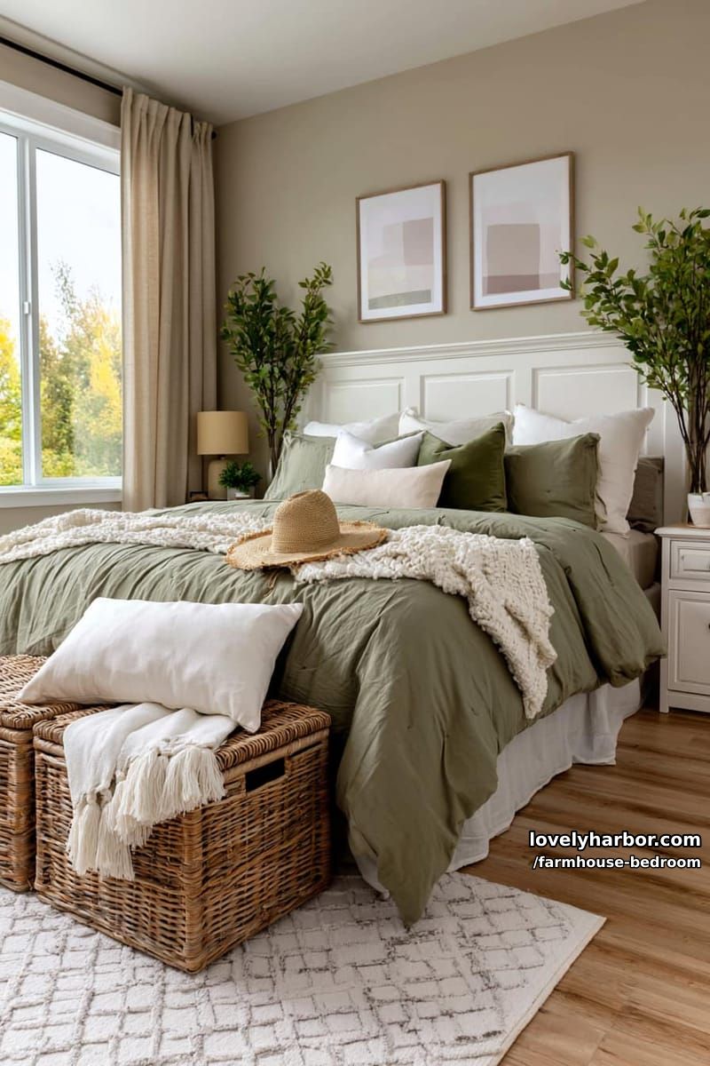 neutral bedroom with sage duvet, woven baskets, straw hat, and minimalist art. 1