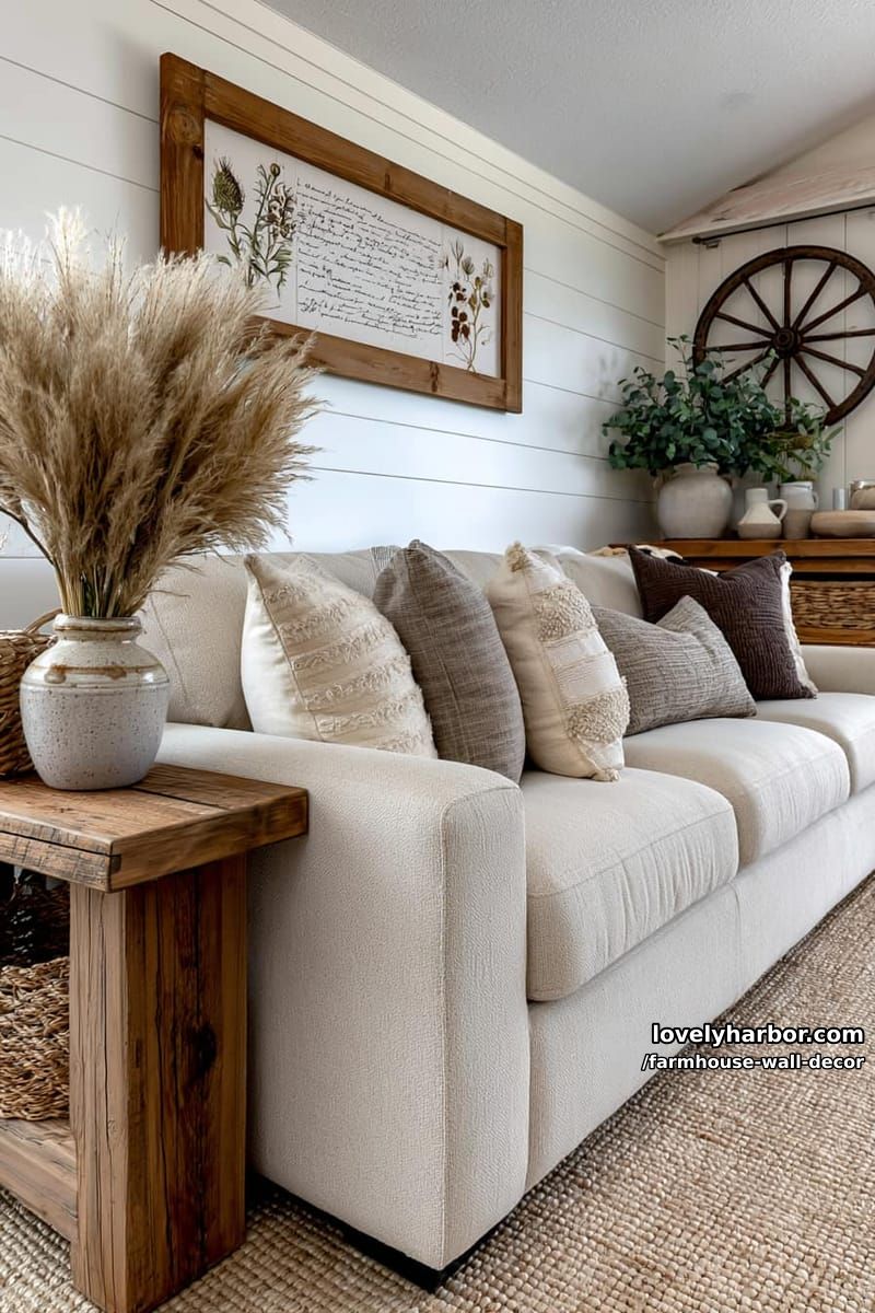 neutral farmhouse living room with textured pillows and botanical wall art. 1