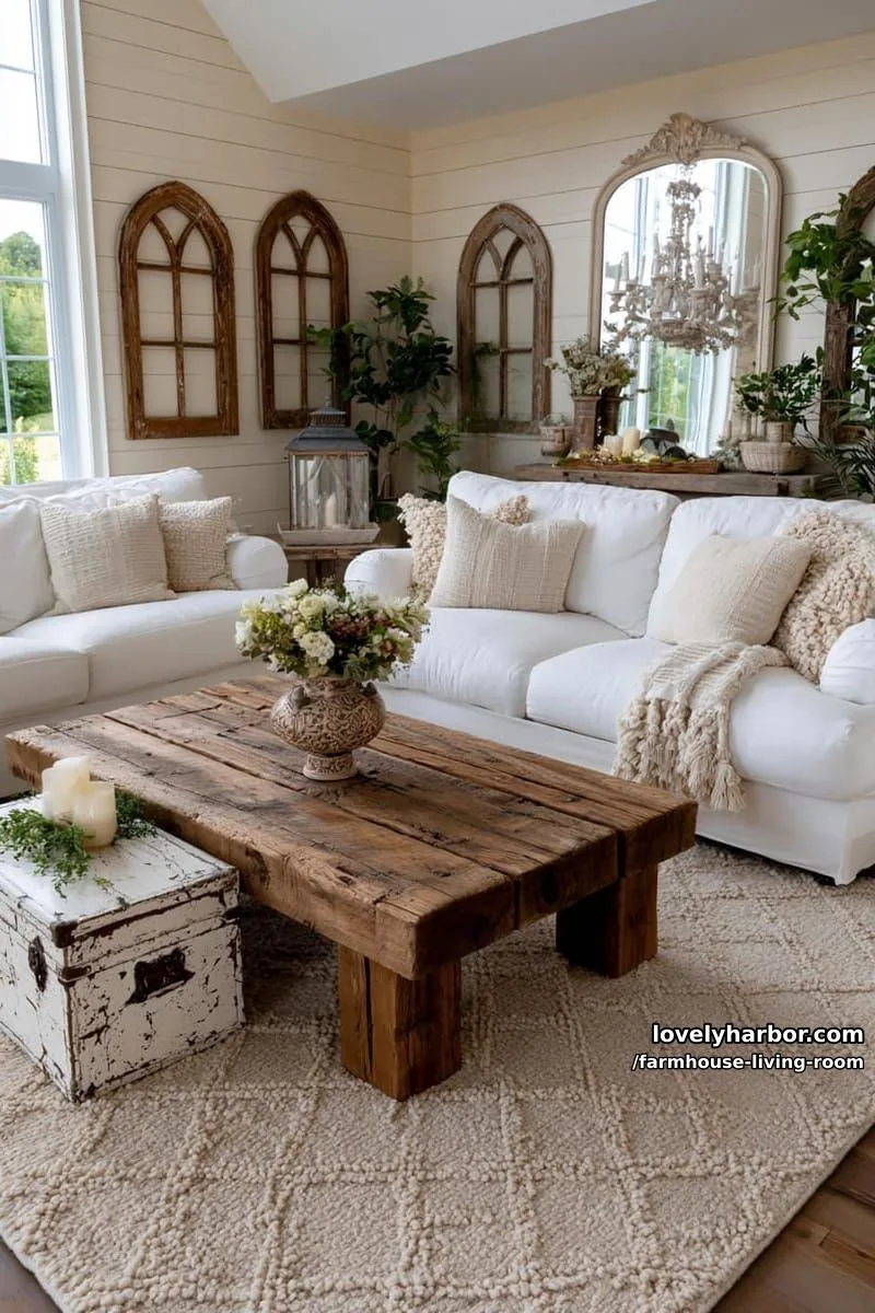 neutral farmhouse living room with white sofas, rustic coffee table, shiplap, and vintage mirror. 1