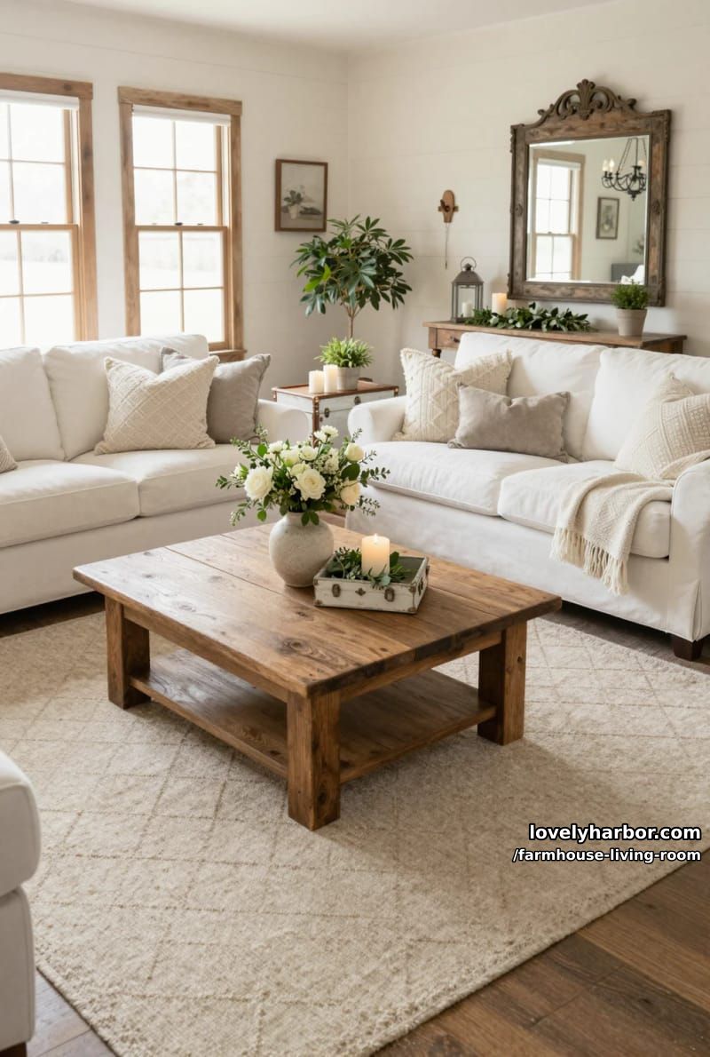 neutral farmhouse living room with white sofas, rustic coffee table, shiplap, and vintage mirror. 1