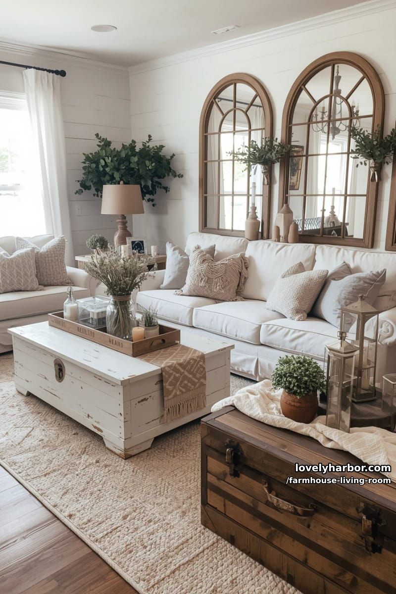 neutral farmhouse living room with white sofas, rustic coffee table, shiplap, and vintage mirror. 1
