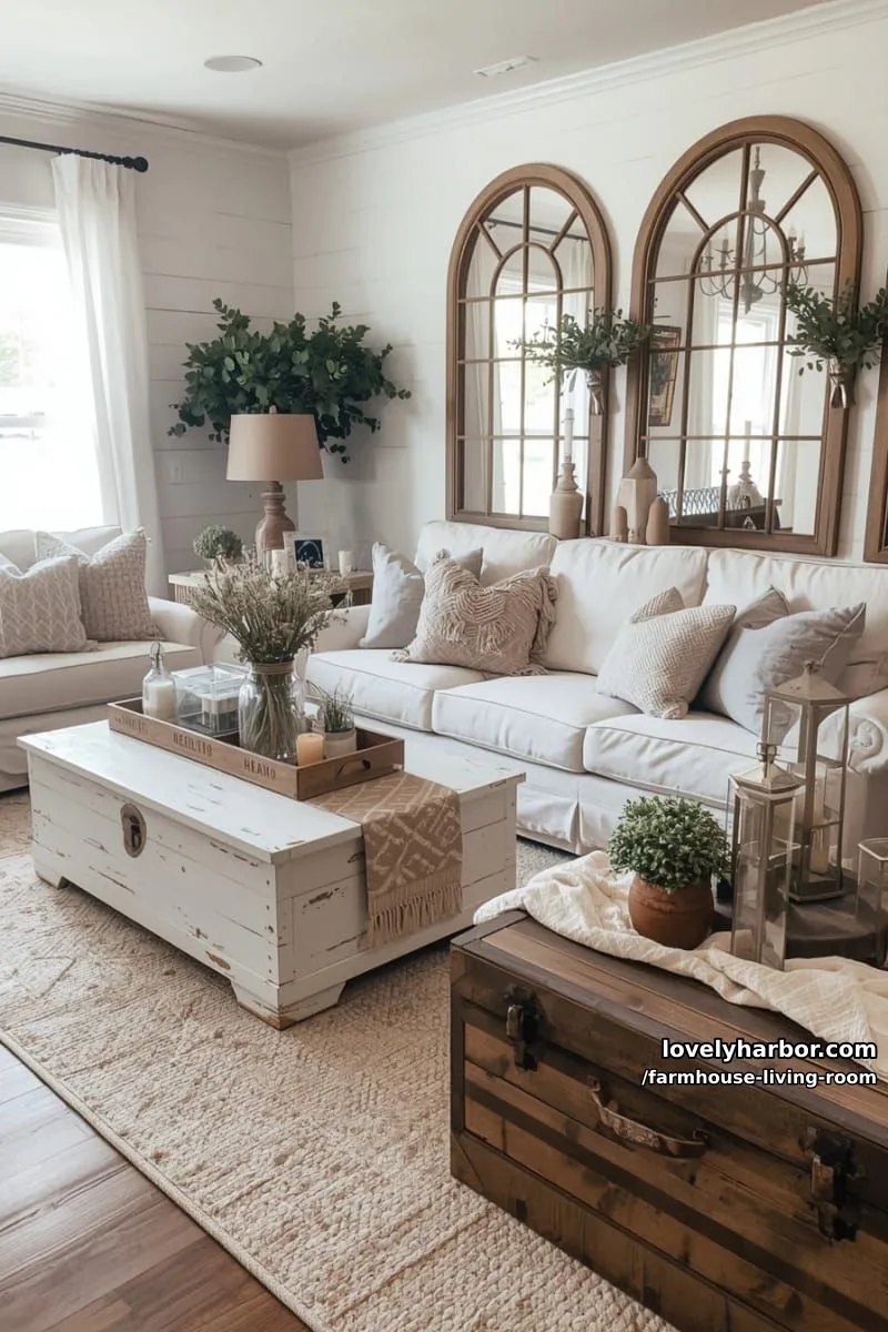 neutral farmhouse living room with white sofas, rustic coffee table, shiplap, and vintage mirror. 1