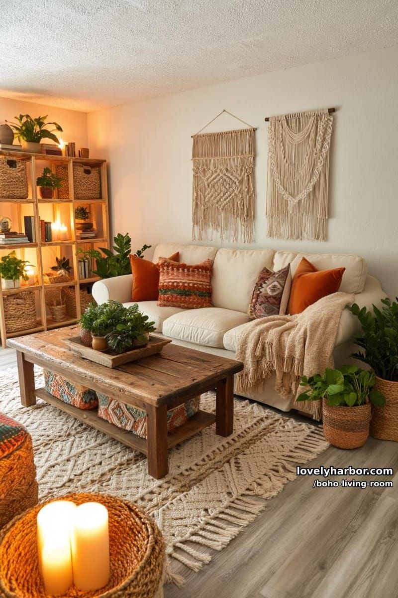 neutral living room with rustic table, macrame, and ambient lighting. 1