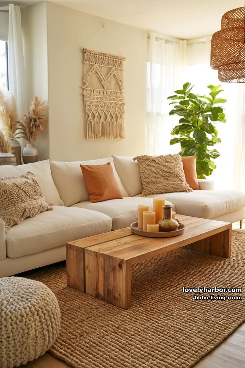 neutral living room with woven rug, macrame, and pampas accents. 1