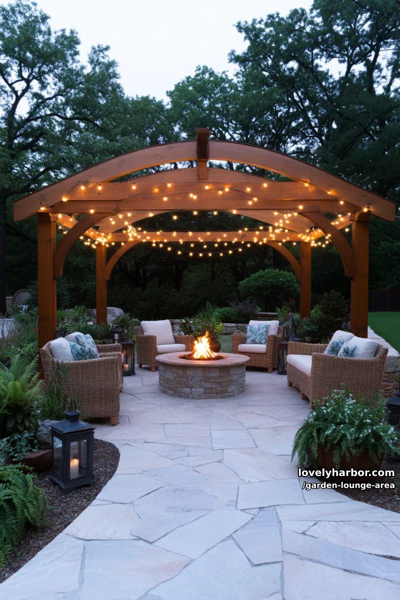 night garden with string-lit pergola, woven chairs, and campfire 1