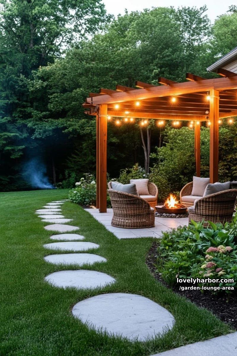 night garden with string-lit pergola, woven chairs, and campfire 1