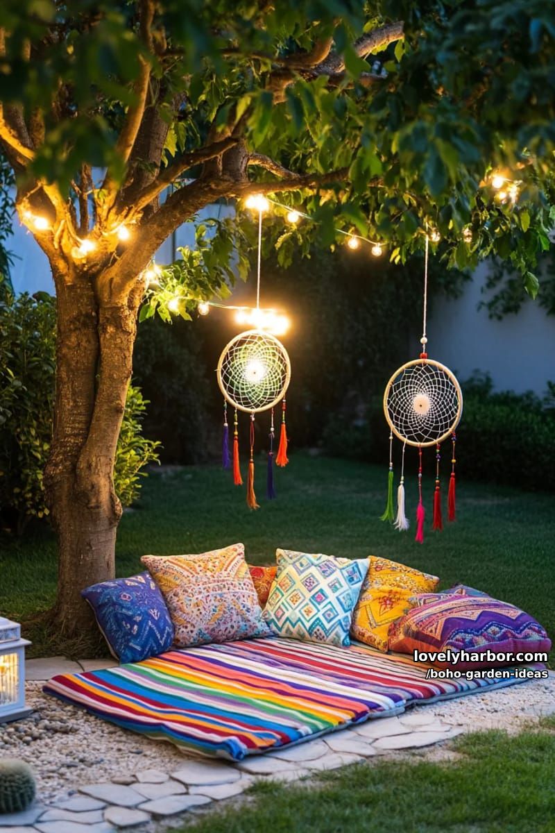 night garden with string-lit trees, ground cushions, and mosaic candle lanterns. 1