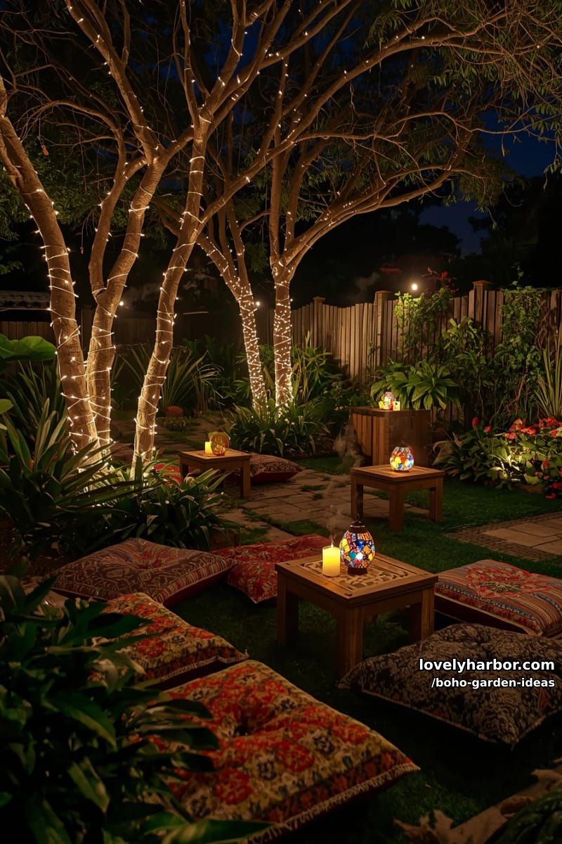 night garden with string-lit trees, ground cushions, and mosaic candle lanterns. 1