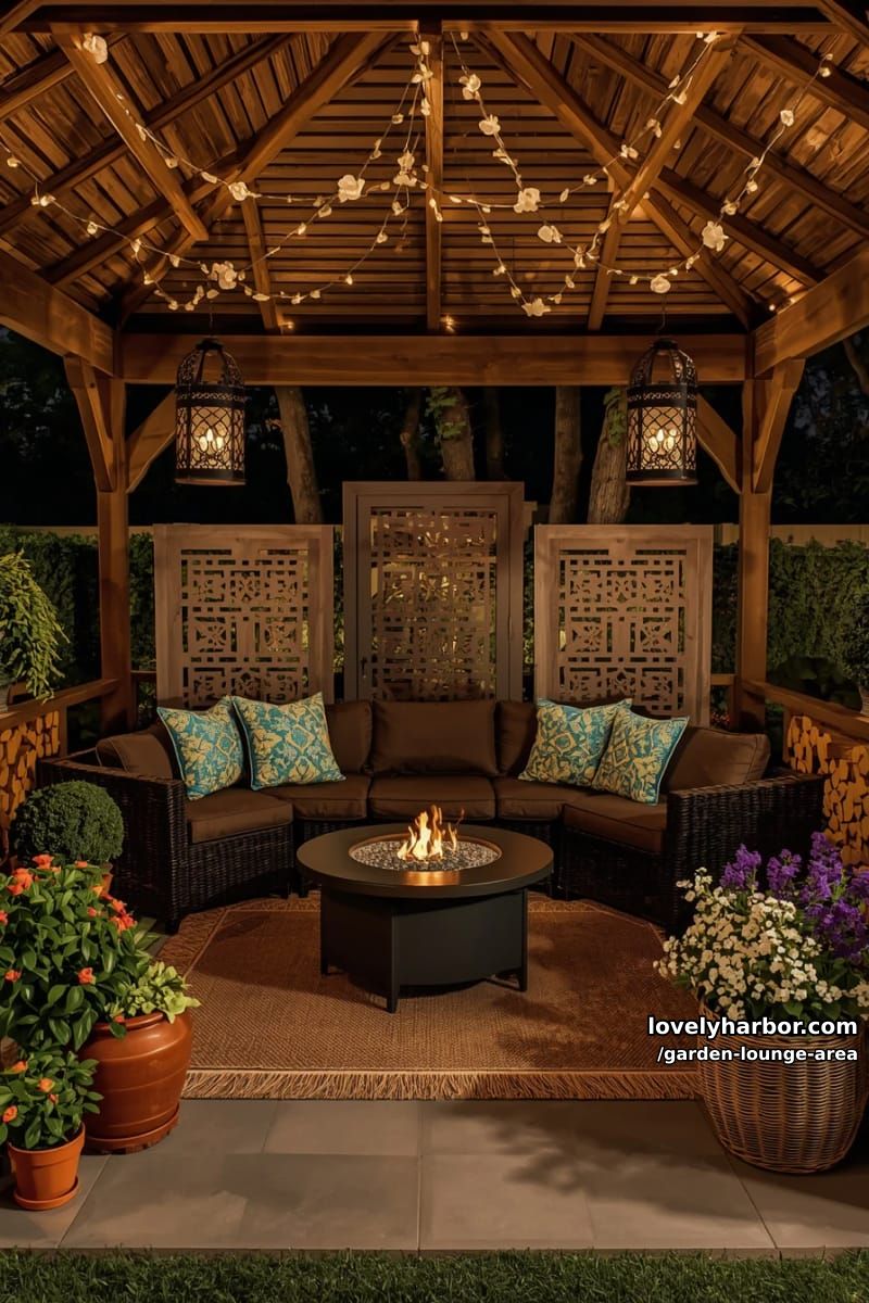 night gazebo with string lights, sectional, fire pit, and floral decor 1