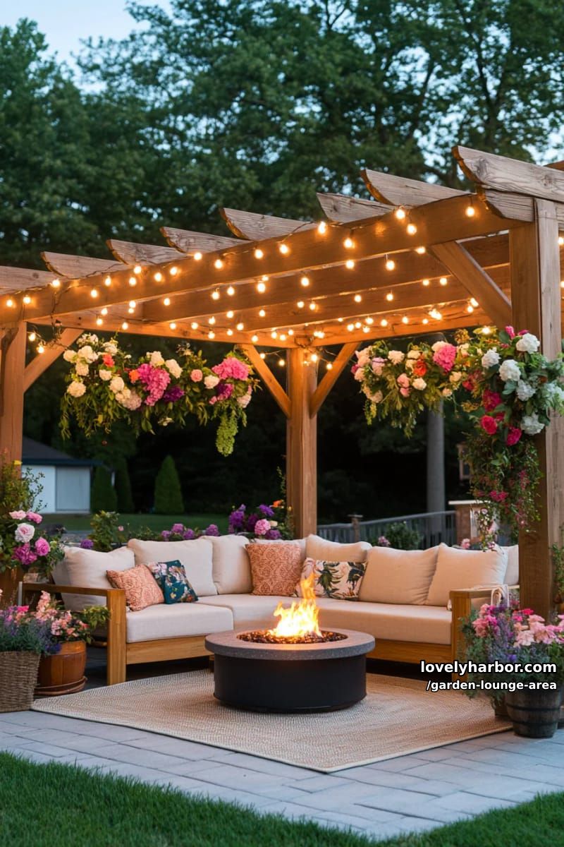 night gazebo with string lights, sectional, fire pit, and floral decor 1