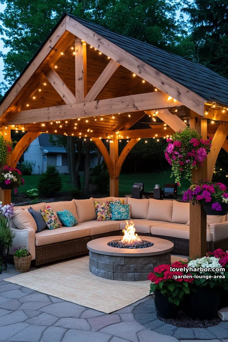 night gazebo with string lights, sectional, fire pit, and floral decor 1