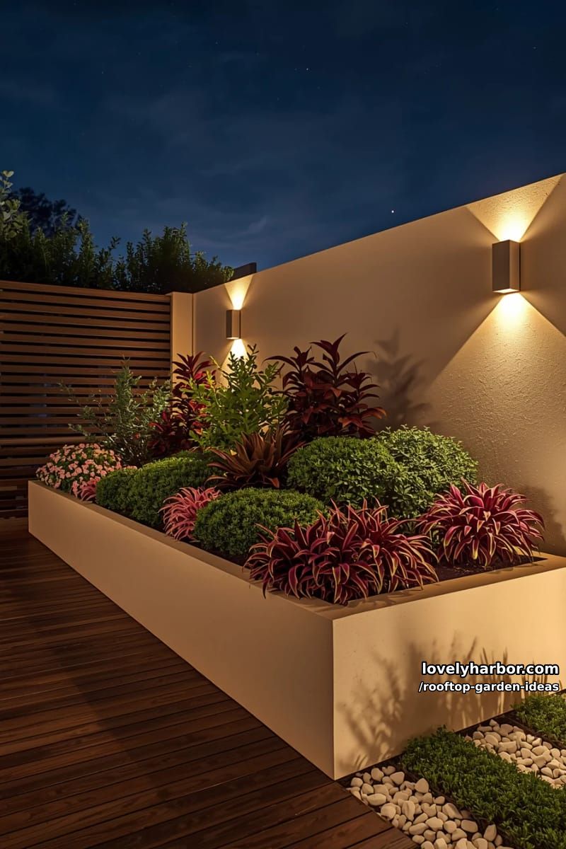 nighttime garden with raised planter, flowering shrubs, and warm built-in lighting. 1