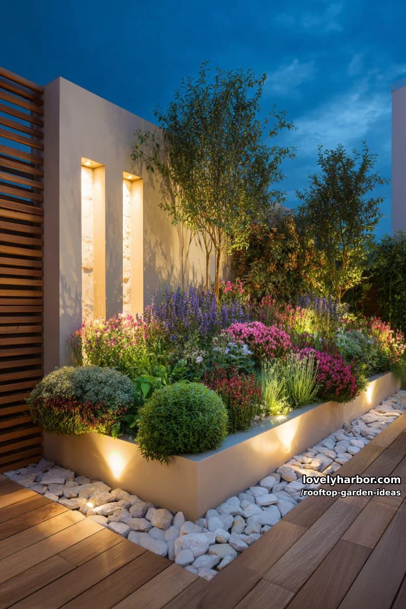 nighttime garden with raised planter, flowering shrubs, and warm built-in lighting. 1