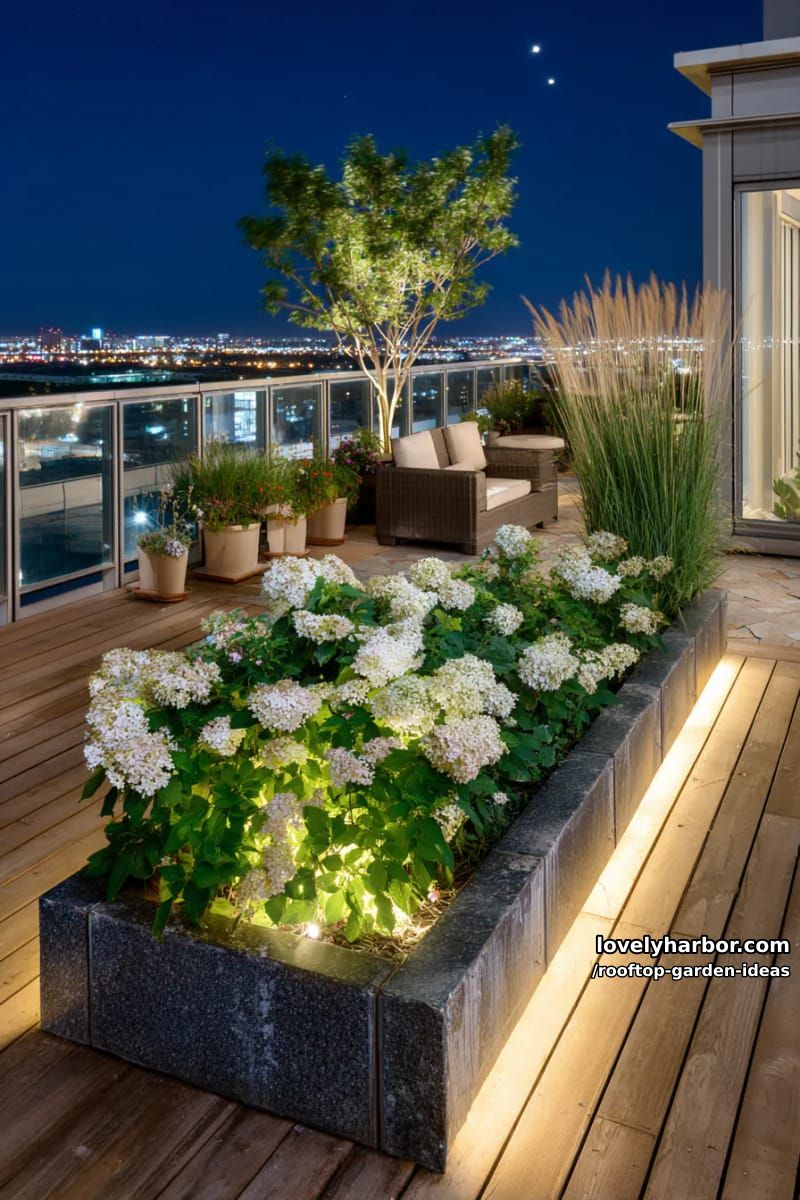 nighttime garden with raised planter, flowering shrubs, and warm built-in lighting. 1