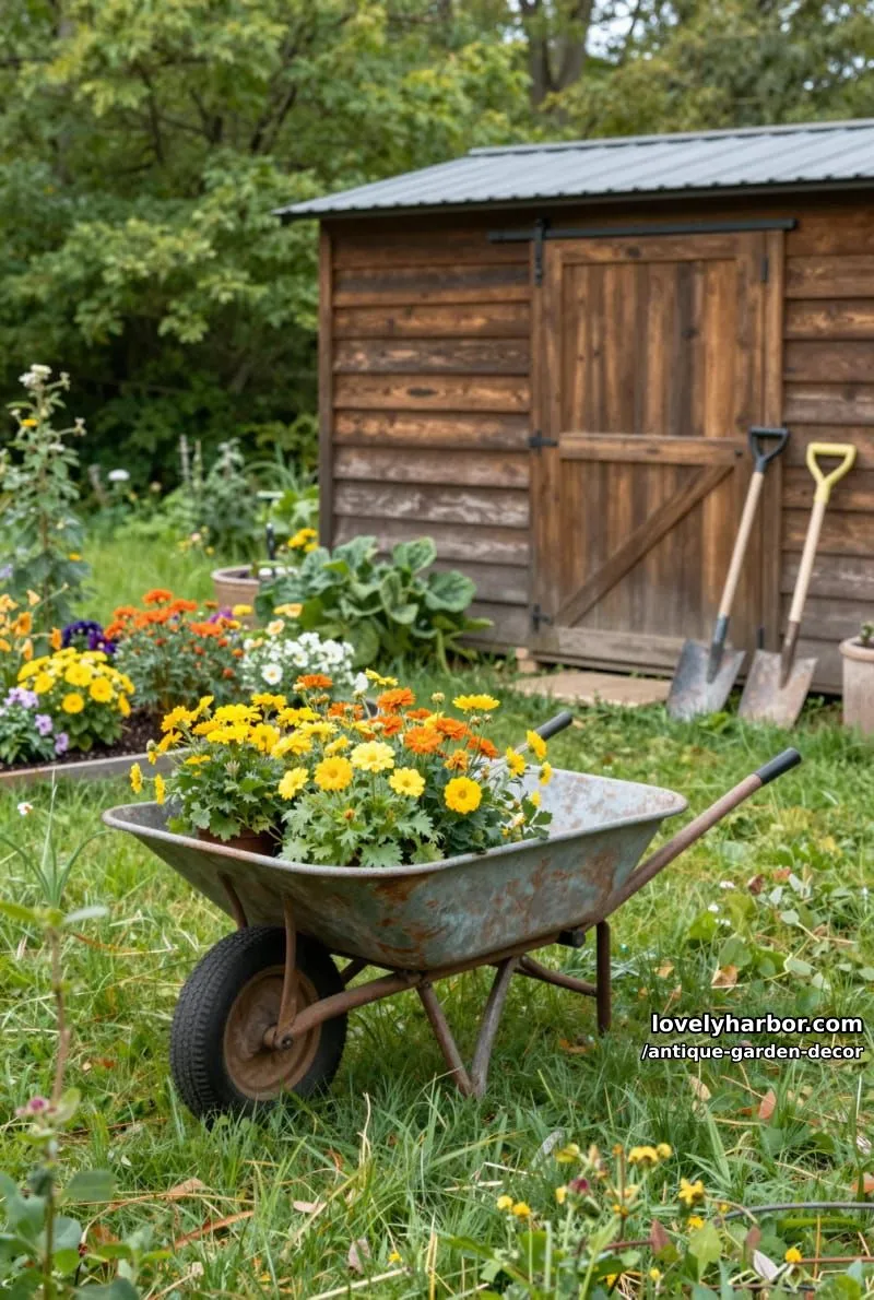 20 Antique Garden Decor Ideas for an Extraordinary Look 46 old wheelbarrow filled with flowers and garden tools in front of shed. 1