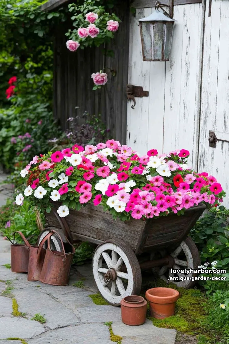 20 Antique Garden Decor Ideas for an Extraordinary Look 47 old wheelbarrow filled with flowers and garden tools in front of shed. 1