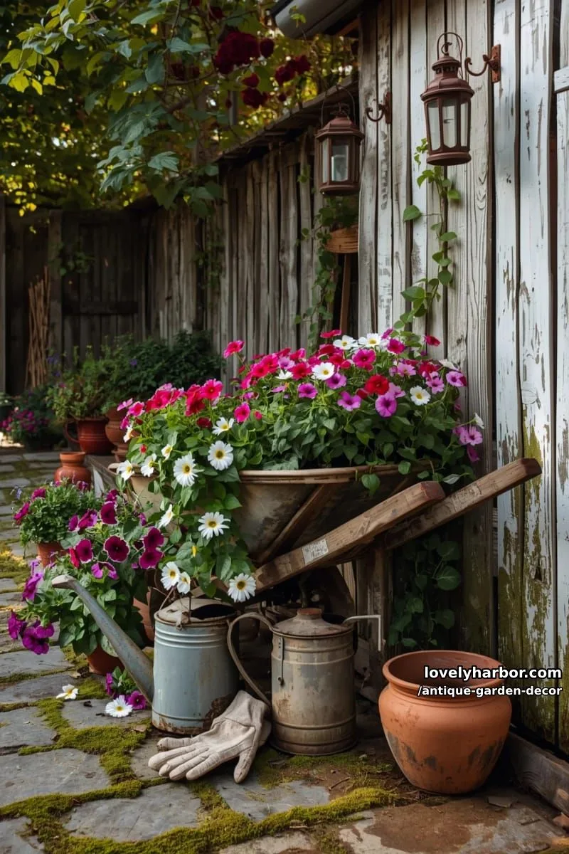 20 Antique Garden Decor Ideas for an Extraordinary Look 48 old wheelbarrow filled with flowers and garden tools in front of shed. 1