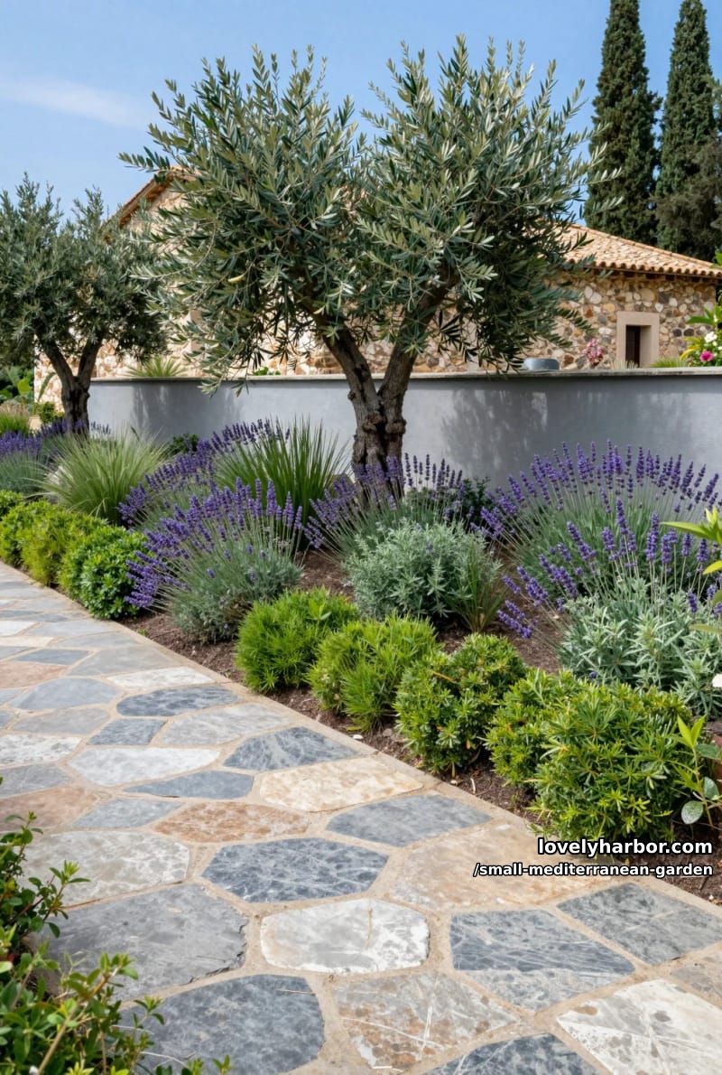 olive tree focal point, lavender, ornamental grasses, flagstone path, rustic house. 1