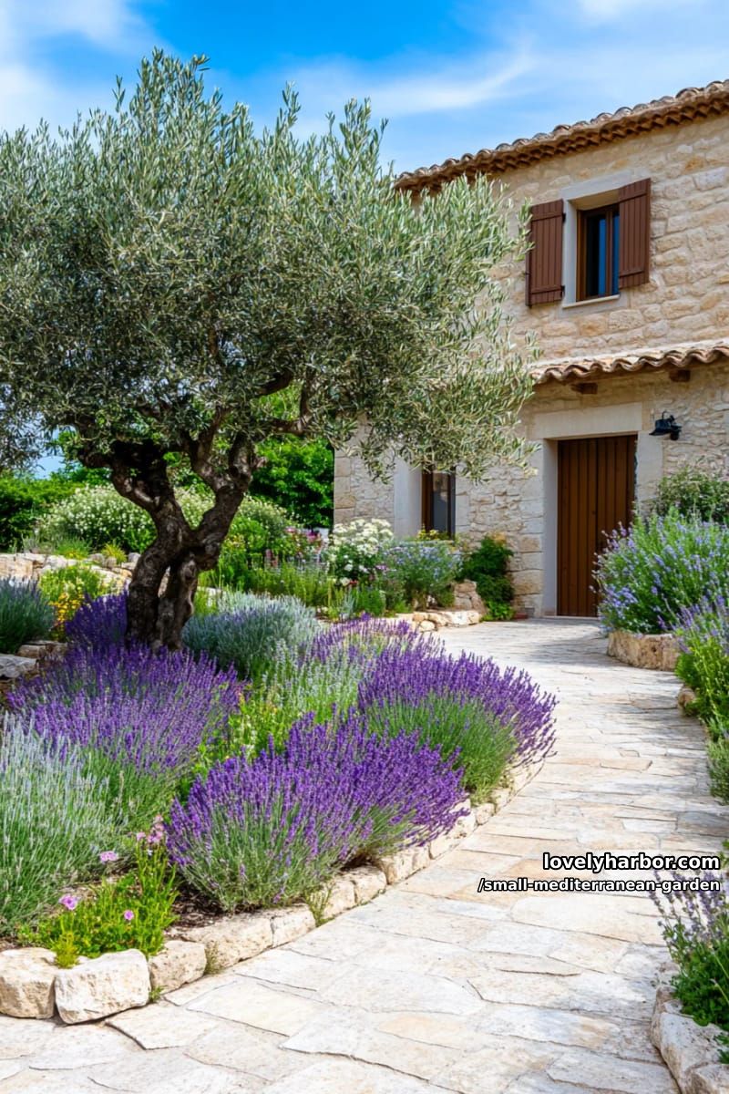 olive tree focal point, lavender, ornamental grasses, flagstone path, rustic house. 1