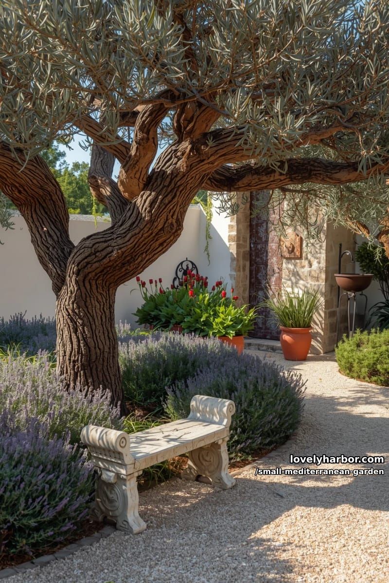 olive tree focal point with lavender, rosemary, stone bench, and terracotta pots. 1