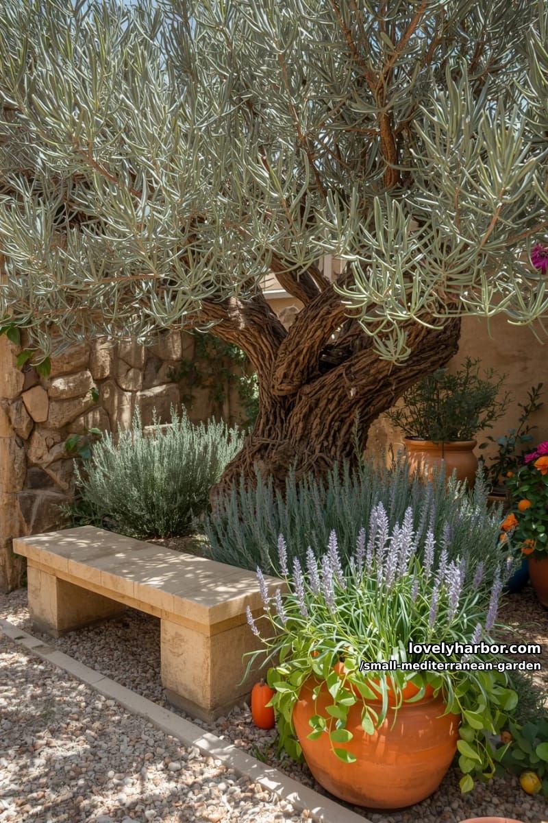 olive tree focal point with lavender, rosemary, stone bench, and terracotta pots. 1