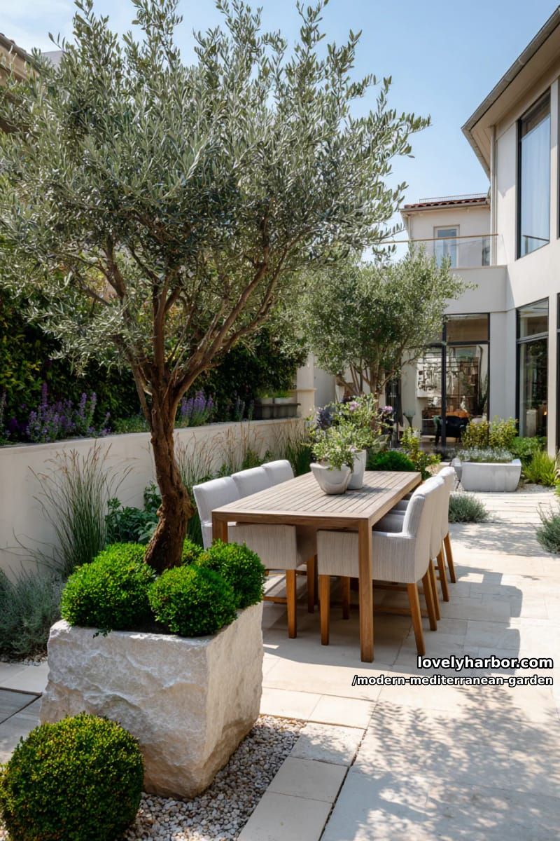 olive tree in stone planter, surrounded by patio greenery and modern dining set. 1