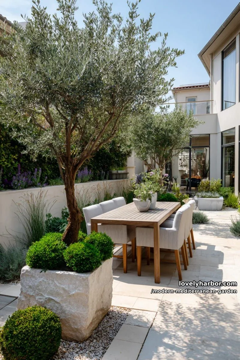 olive tree in stone planter, surrounded by patio greenery and modern dining set. 1