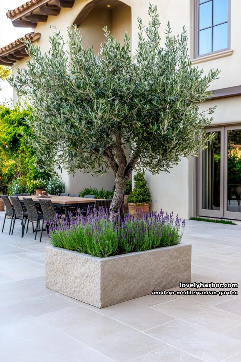 olive tree in stone planter, surrounded by patio greenery and modern dining set. 1