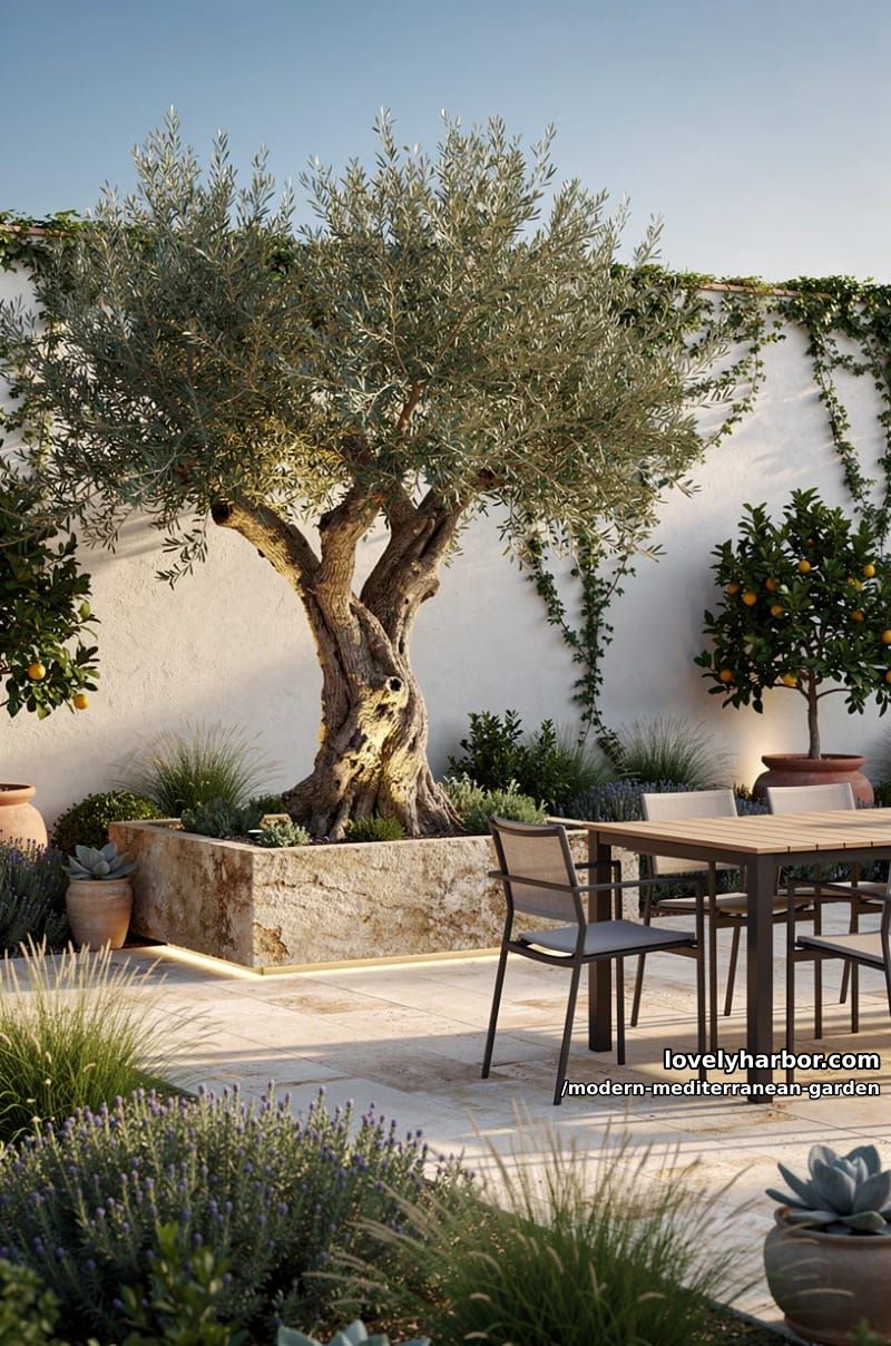 olive tree in stone planter, surrounded by patio greenery and modern dining set. 1
