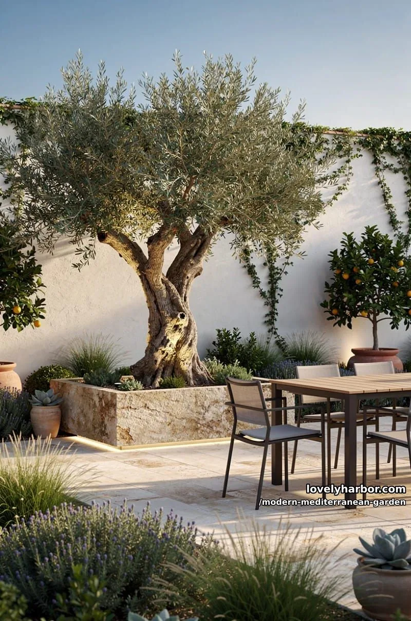 olive tree in stone planter, surrounded by patio greenery and modern dining set. 1