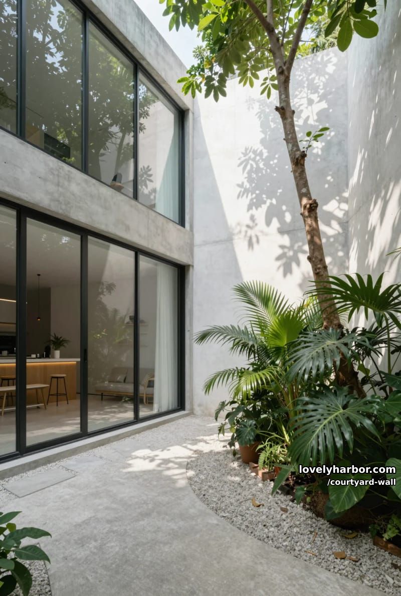 open-air courtyard with concrete walls, glass windows, and lush plant borders 1