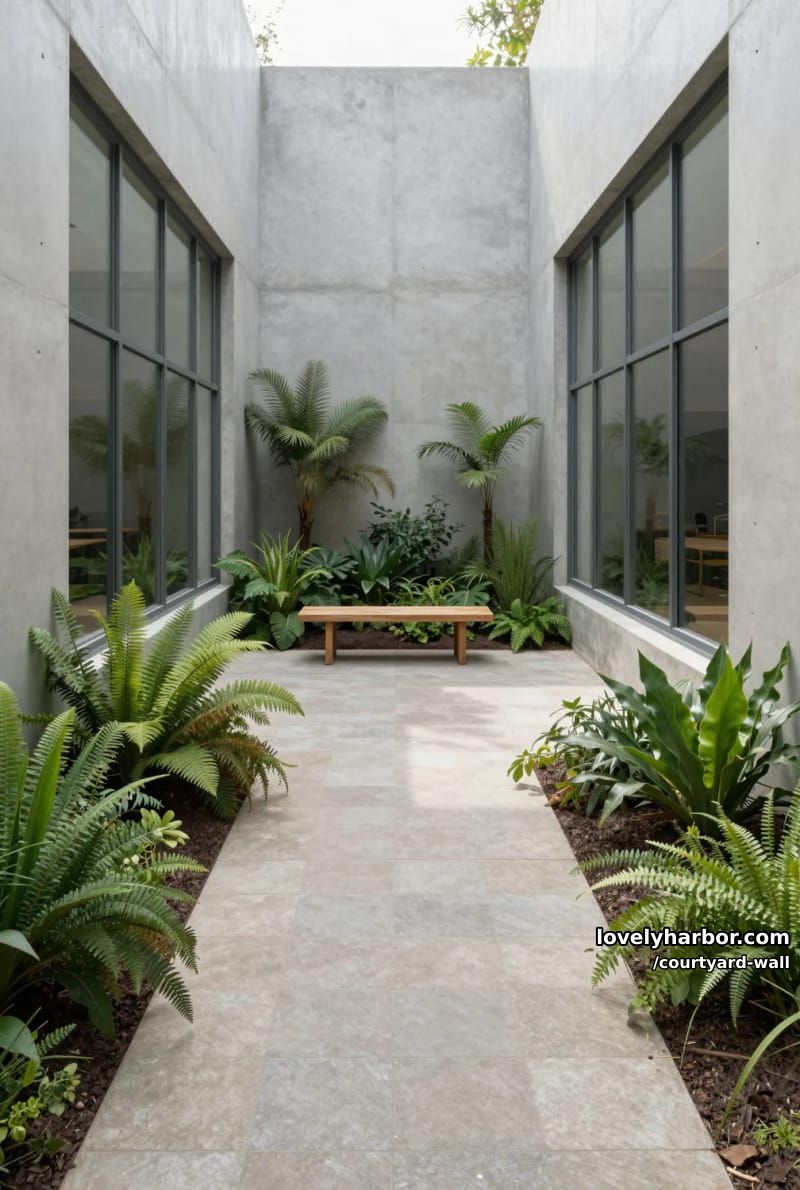 open-air courtyard with concrete walls, glass windows, and lush plant borders 1