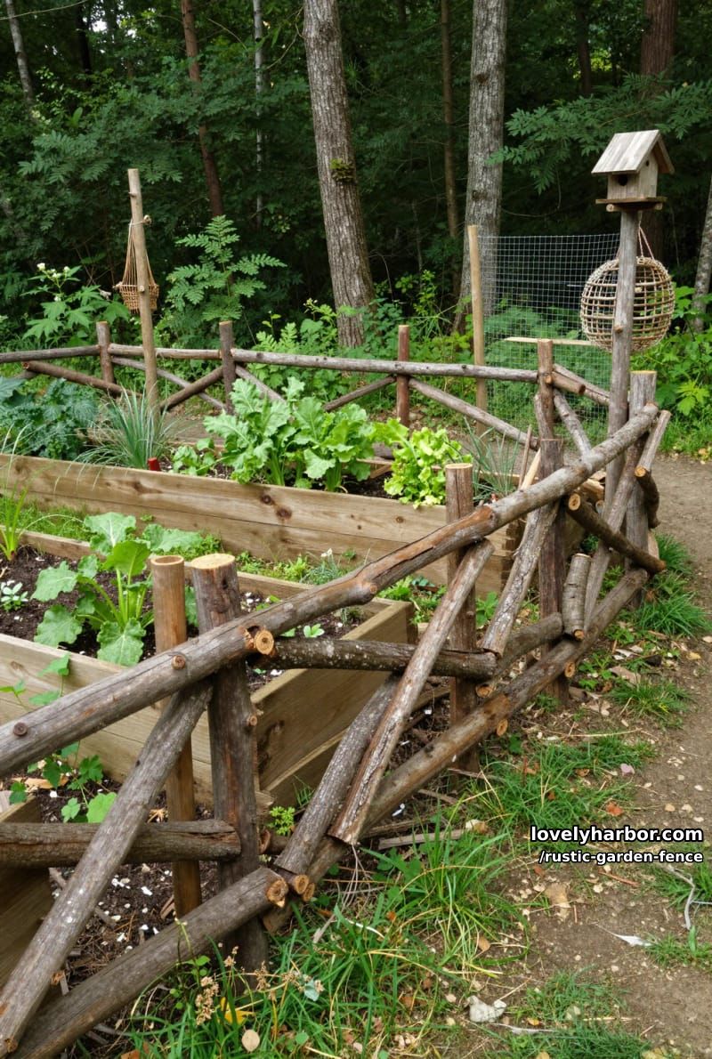 organic branch fence enclosing raised beds with garden accessories. 1