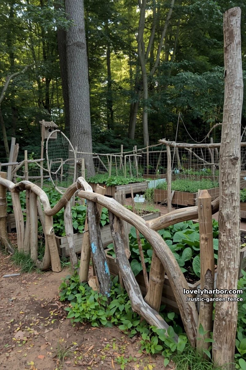 organic branch fence enclosing raised beds with garden accessories. 1